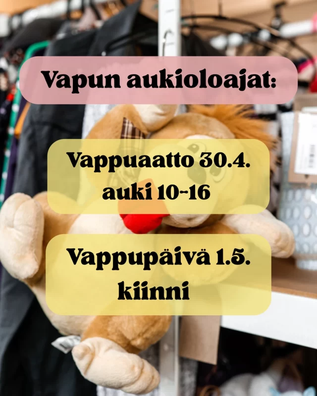 🌼 Vapun aukioloajat 🌼

Myymälä on auki torstaina 30.4. klo 10-16 ja kiinni perjantaina 1.5. Vapun jälkeinen viikonloppu auki normaalisti klo 10-16. 

Vielä ennättää löytämään vappujuhliin uutta vaatetta 👗