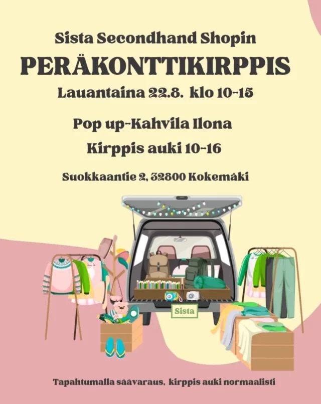 Tervetuloa ostoksille ensi lauantaina 🌸🌼
Kirppiksen pihalla järjestetään peräkonttikirppis ja vaikka mitä aarteita voi löytyä 🫣. Paikalla myös Pop up-kahvila Ilona, joten ostosten ohessa voi herkutella 😋. 

Ps Myyjäksi vielä mahtuu. Pistä viestiä niin varataan paikka 😉