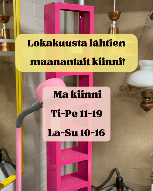 Siirrymme talven aukioloaikoihin. Lokakuusta lähtien eli ensi maanantaista 5.10. lähtien maanantait kiinni. Edelleen ollaan auki ti-pe 11-19 ja la-su 10-16.
Tervetuloa löytöjen pariin! 🌸